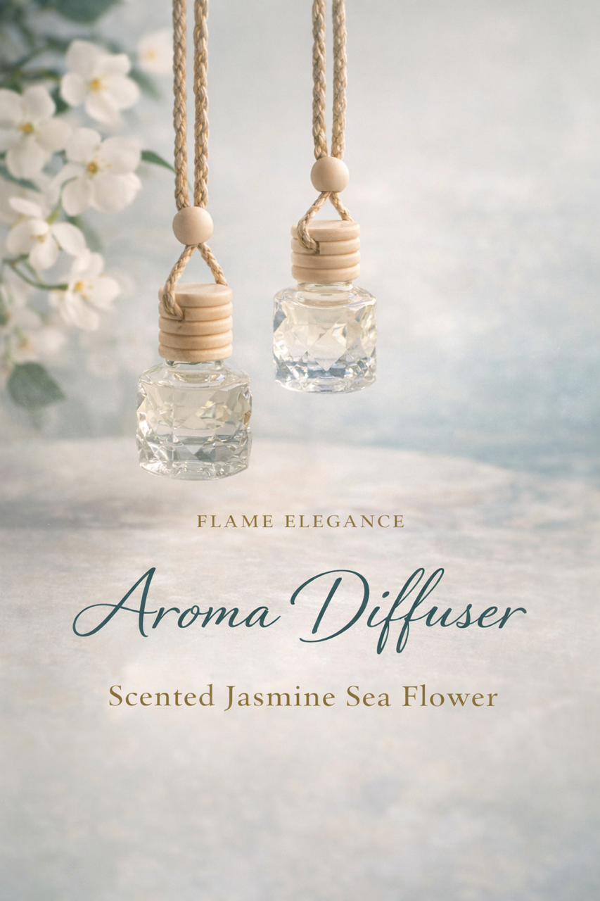 Jasmine Sea Flower aroma diffuser featuring a clear glass hanging bottle with natural wood cap and cord, designed for gentle fragrance diffusion and coastal-inspired decor. 