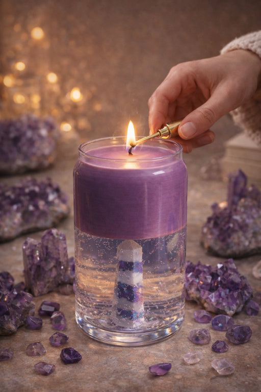 Hand lighting aura quartz apothecary candle by Flame Elegance. Amethyst crystal in the background. Candle contains aura quartz wand, gel wax, soy wax, and scented with apothecary fragrance.