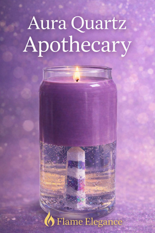Aura Quartz Apothecary scent. Gel wax base with aura quartz crystal in gel wax with purple soy wax scented with apothecary. Witchy vibes by Flame Elegance