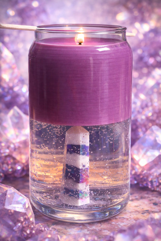 Aura quartz crystal candle with purple soy wax and gel wax base in clear glass tumbler. 