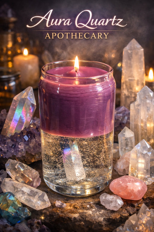 Spiritual candle with aura quartz wand in gel wax. top layer purple wax scented with apothecary fragrance. Crystals surrounding candle. 