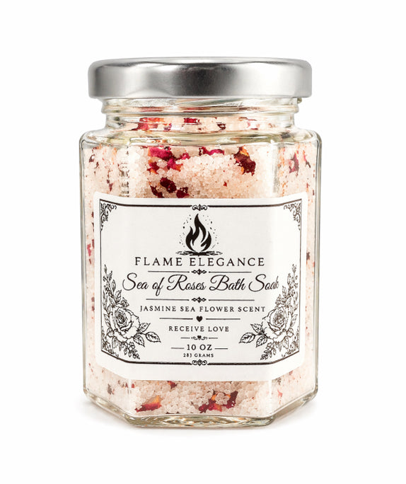 Jar of bath salts with a label on a white background by Flame Elegance