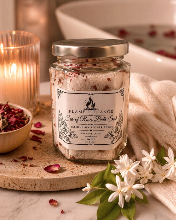 Jar of bath salts with a decorative label, surrounded by flowers and a candle on a marble surface. Jasmine Sea flower scent by Flame Elegance. 