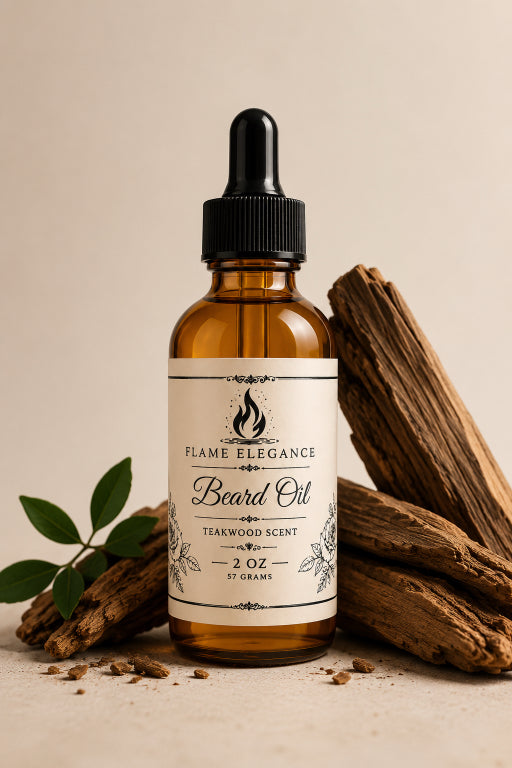 Bottle of Flame Elegance Teakwood Beard Oil with teakwood scent on a beige background