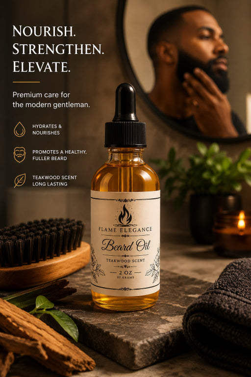 beard oil in amber glass bottle that says nourish, strengthen, elevate. Shows man looking at his beard in the mirror. Flame Elegance label. 