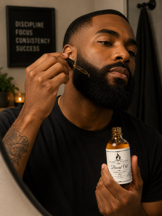 Flame Elegance amber glass bottle filled with Beard Oil. Man holding dropper applying the beard oil to his beard. 