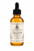 beard oil in amber glass bottle with dropper and white background labeled Flame Elegance Teakwood scent