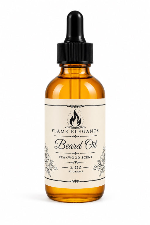 beard oil in amber glass bottle with dropper and white background labeled Flame Elegance Teakwood scent