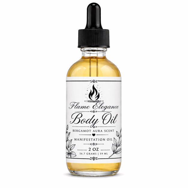 Bottle of Flame Elegance Body Oil with a dropper on a white background