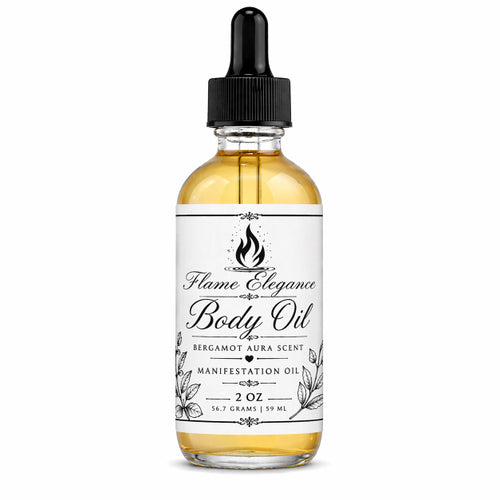 Bottle of Flame Elegance Body Oil with a dropper on a white background