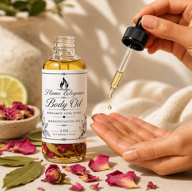 Body oil bottle with dropper, surrounded by flowers and leaves on a neutral background