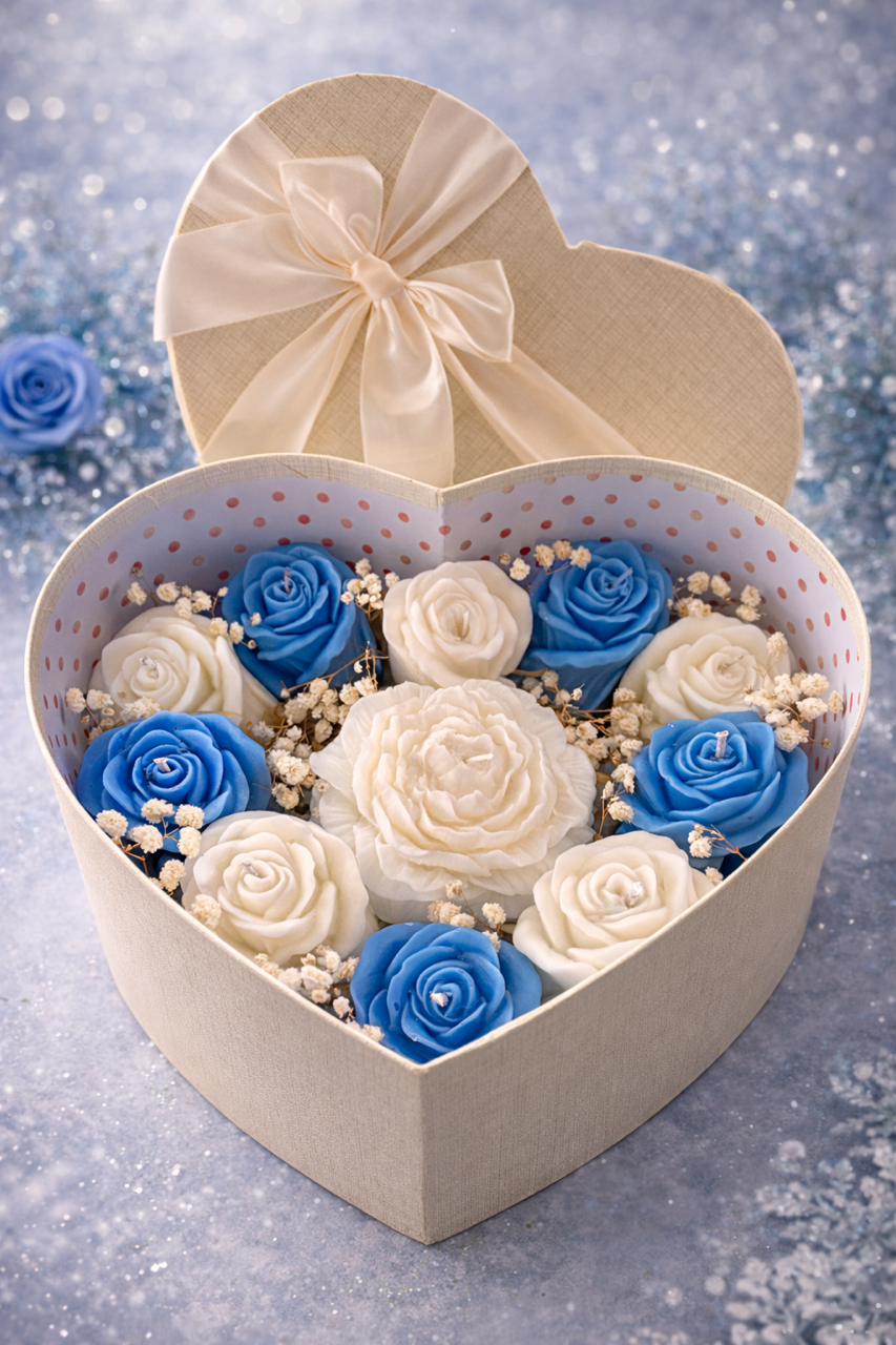 Elegant ivory heart shaped box with blue and white candle roses inside large sculpted soy wax peony in the center adorned with baby's breath. Ten roses in total. 