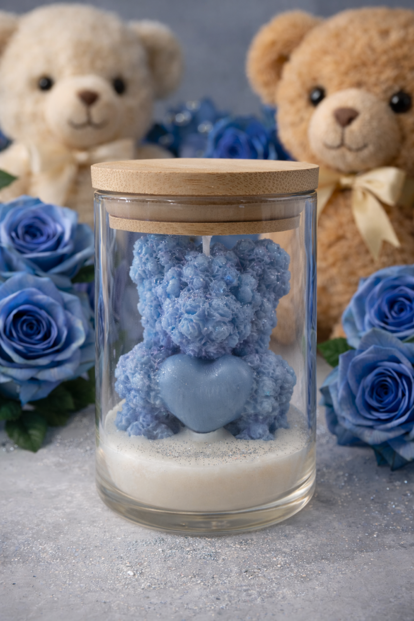 Blue Frosted Teddy Embrace Candle- Non-Toxic Soy Candle for Baby Shower Gift or Nursery Decor