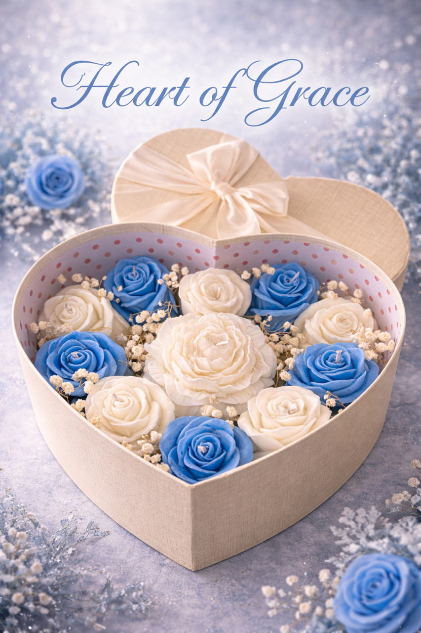 Heart-shaped box with elegant blue and white roses on a gray background. Scented with Mystical waters. 