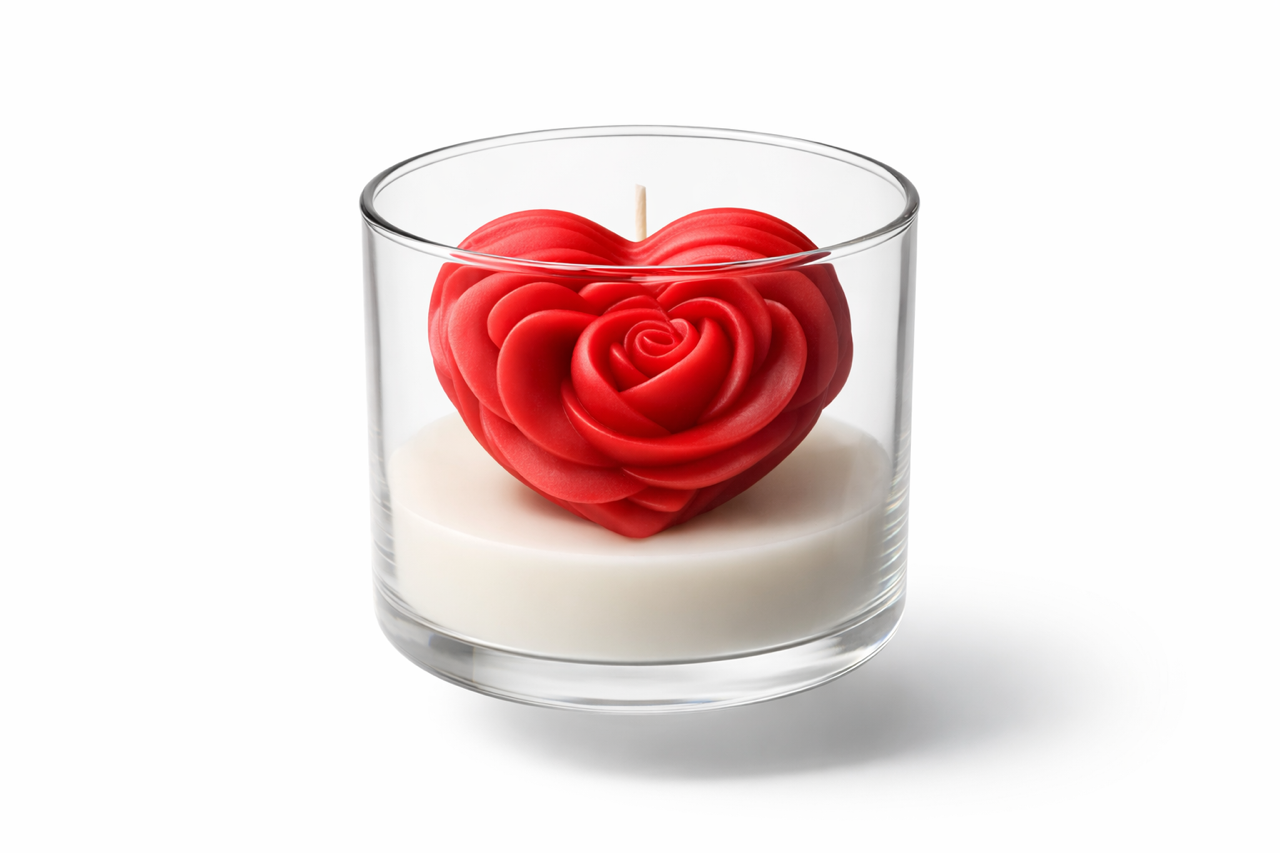 Red heart-shaped candle in a clear glass container on a white background