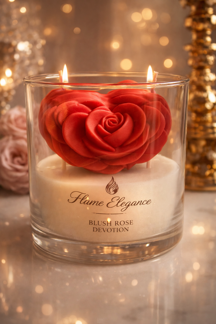 Candle with a red rose design in a glass container, labeled 'Flame Elegance Blush Rose Devotion', on a reflective surface with blurred lights in the background.