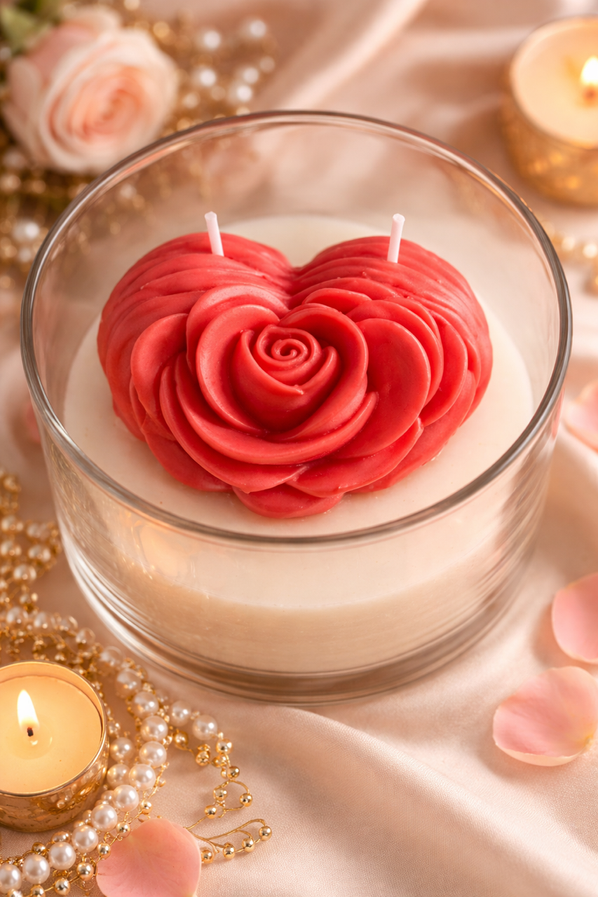 Heart-shaped red candle in a glass container with pink roses and candles in the background scented with sugar plum fragrance. Two wicks for even burn. soy wax for clean burn. 