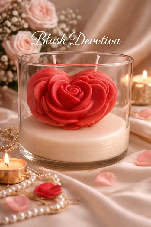 Blush Rose Devotion luxury artisan candle scented in sugar plum, featuring a sculpted blush rose wax centerpiece set in a smooth ivory wax base inside a clear glass vessel. 
