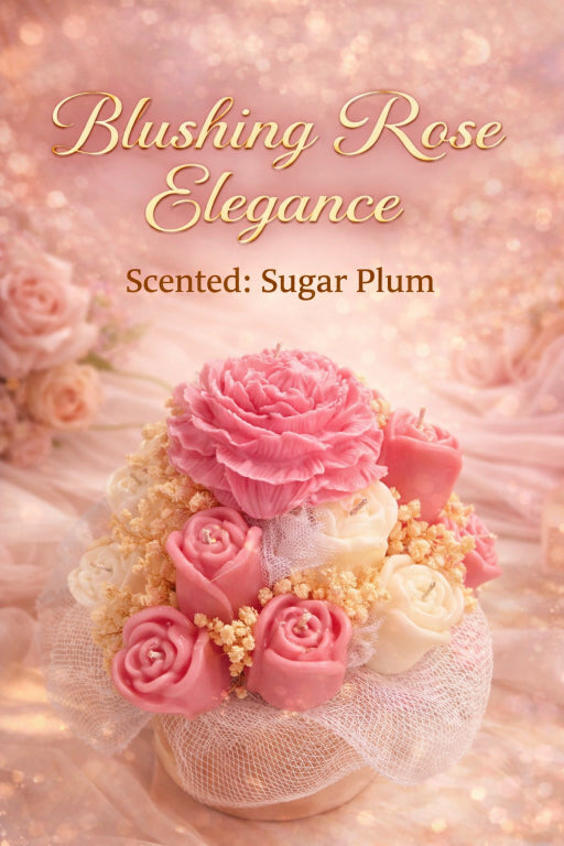 Peony and pink and ivory rose candle bouquet. Letting on image say Blushing Rose Elegance. Scented: Sugar plum. Elegant pink background. 