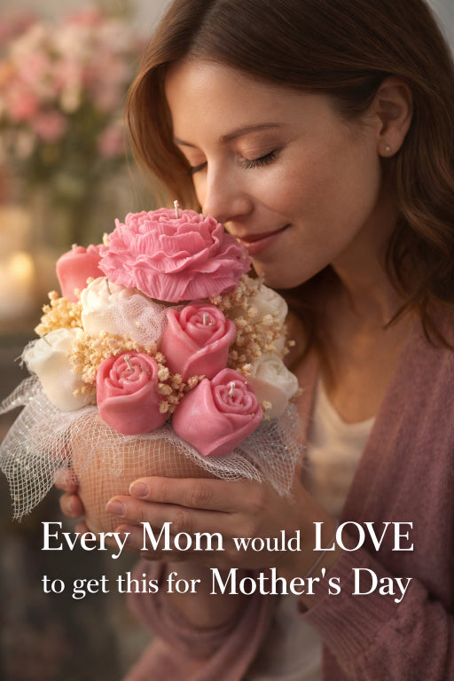 woman smelling a candle bouquet with a pink peony on top and surrounded by pink and ivory candle roses. Words on the image says Every mom would love to get this for Mother's day.
