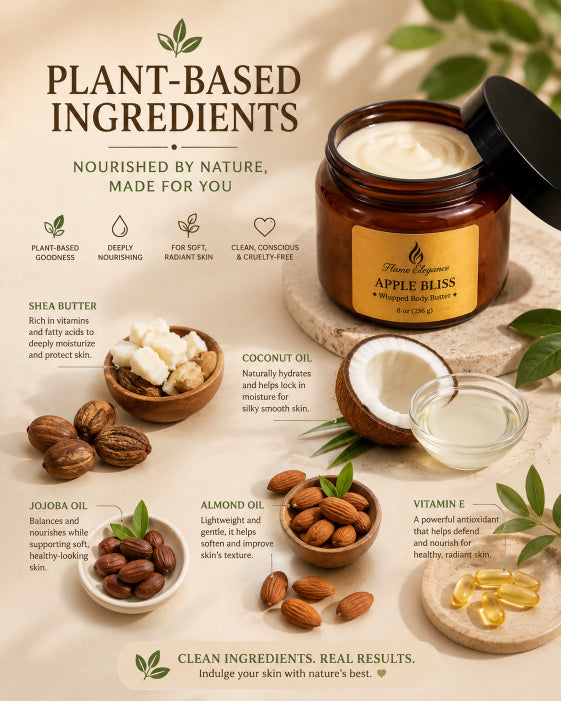 Jar of Apple Bliss Luxe Whipped body butter with plant-based ingredients displayed on a light background by Flame Elegance