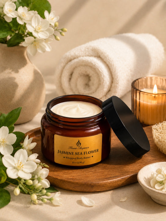 Jar of Jasmine Sea Flower whipped body butter in amber color jar by Flame Elegance on a wooden tray with flowers and candles in the background. 