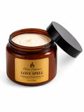 Amber jar of luxe  'Love Spell' whipped body butter with a black lid on a white background by Flame Elegance