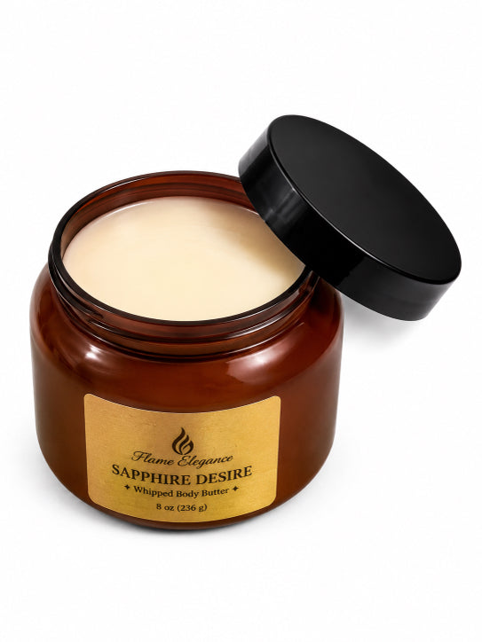 Brown jar of  Luxe Whipped 'Sapphire Desire' whipped body butter with a black lid on a white background by Flame Elegance