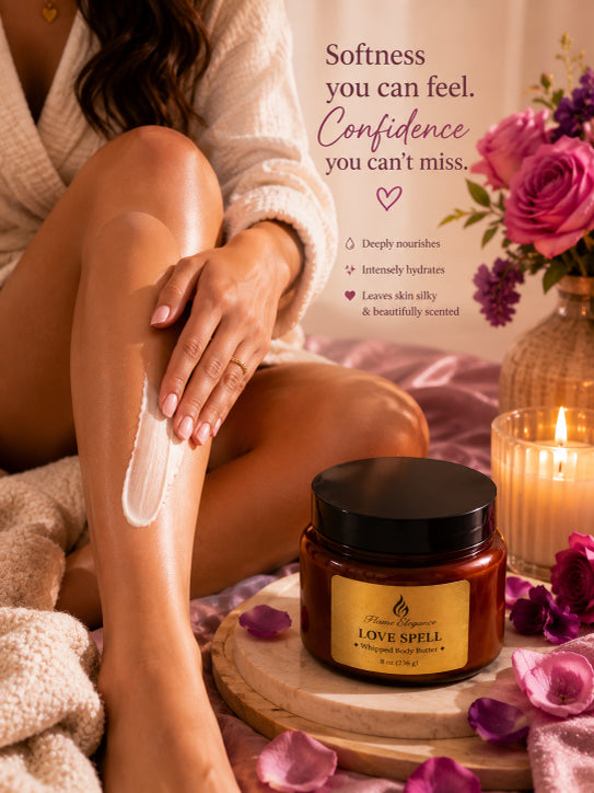 Woman applying love spell luxe whipped body butter by Flame Elegance with a jar of 'Love Spell' product and candles in the background