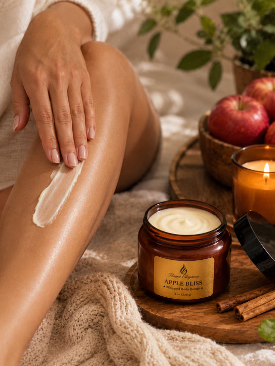 Person applying Luxe Whipped Apple Bliss  body butter to leg with 'Apple Bliss' jar and apples in the background by Flame Elegance