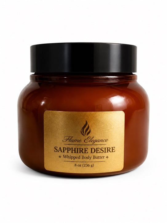 Jar of 'Sapphire Desire' whipped body butter with a gold label on a white background by Flame Elegance