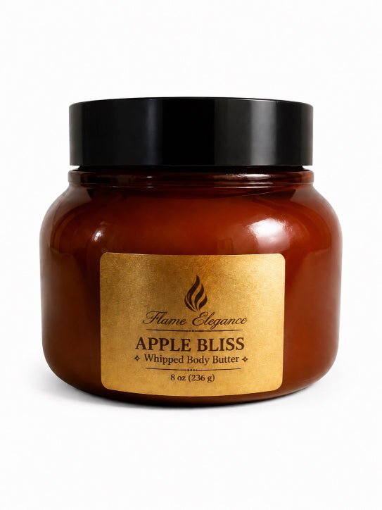 Jar of 'Apple Bliss'  Luxe whipped body butter with a gold label on a white background by Flame Elegance