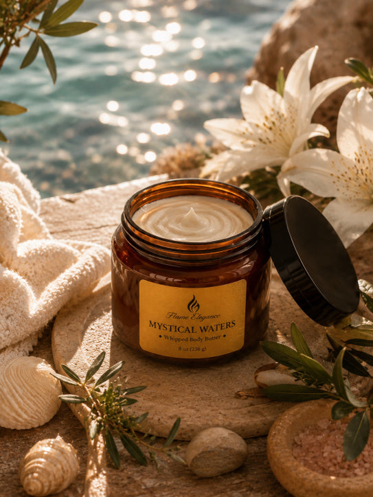 Jar of Mystical Waters luxe whipped body butter with a label on a stone surface near water and flowers by Flame Elegance