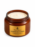 Brown jar of Jasmine Sea Flower  Luxe whipped body butter with a gold label on a white background by Flame Elegance