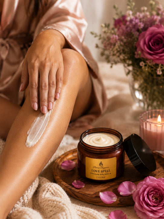 Person applying Love Spell Whipped body butter  to their leg with a jar of luxe whipped body butter and flowers in the background by Flame Elegance