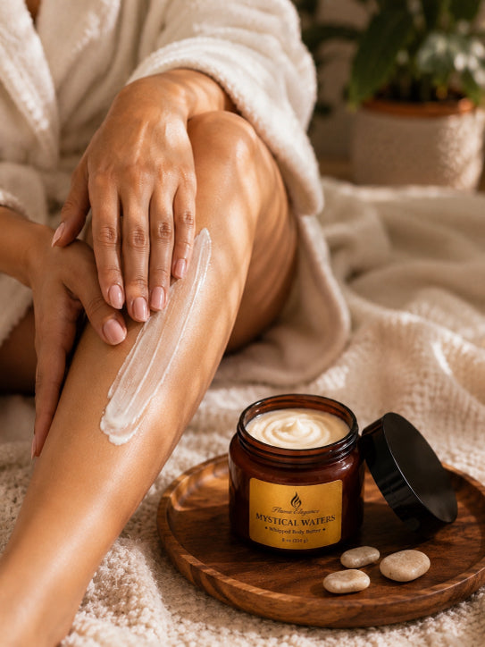 Person applying Flame Elegance Mystical Waters whipped body butter   to their leg with a jar of cream on a wooden tray.