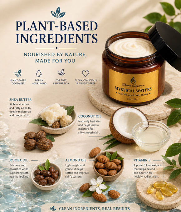 Cosmetic amber jar with plant-based ingredients and natural elements on a textured background by Flame Elegance for Mystical Waters Luxe Whipped Body Butter