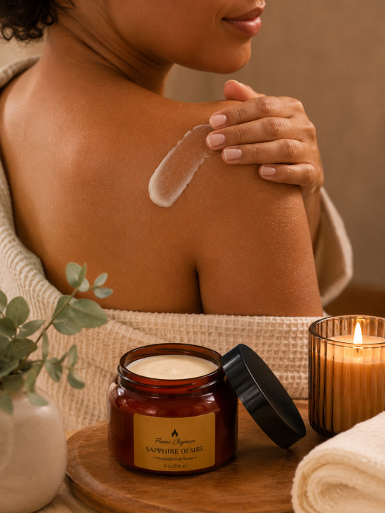 Person applying Sapphire Desire Luxe Whipped Body Butter to shoulder with a candle and jar of body butter by Flame Elegance on a wooden surface.