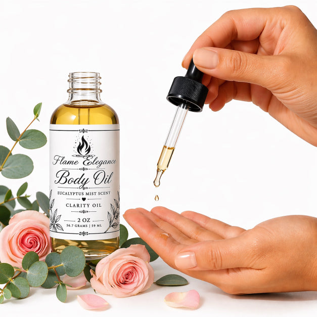 Eucalyptus Mist Clarity Body Oil with a dropper and a hand being held out to receive the body oil and botanicals in the white background. 