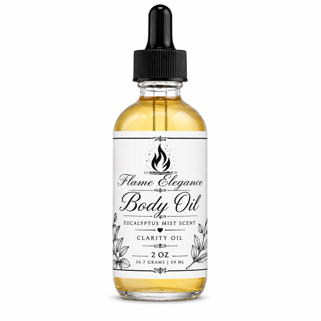 Bottle of Flame Elegance Eucalyptus Body Oil with black lid and dropper. White background. 