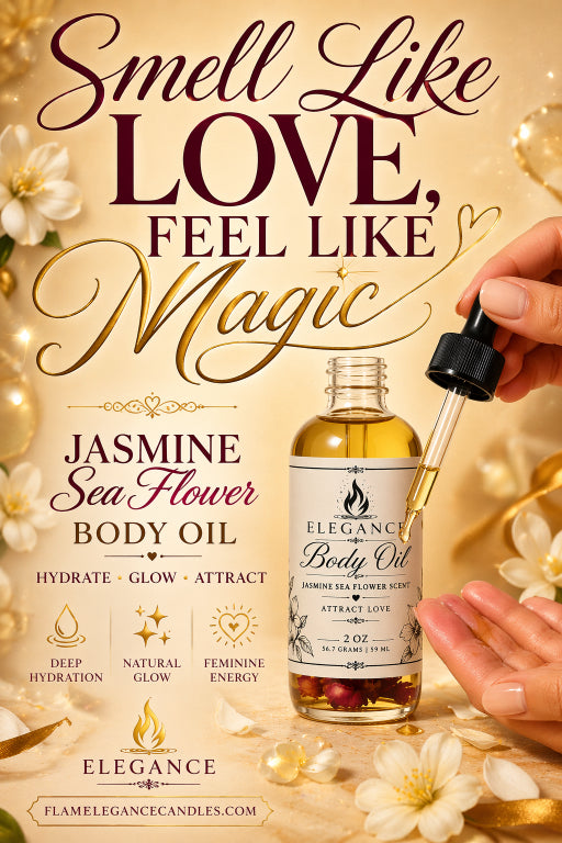 Advertisement for Jasmine Sea Flower Body Oil with floral elements and text 'Smell Like Love, Feel Like Magic'.