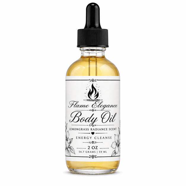 Bottle of Flame Elegance Body Oil with a dropper on a white background