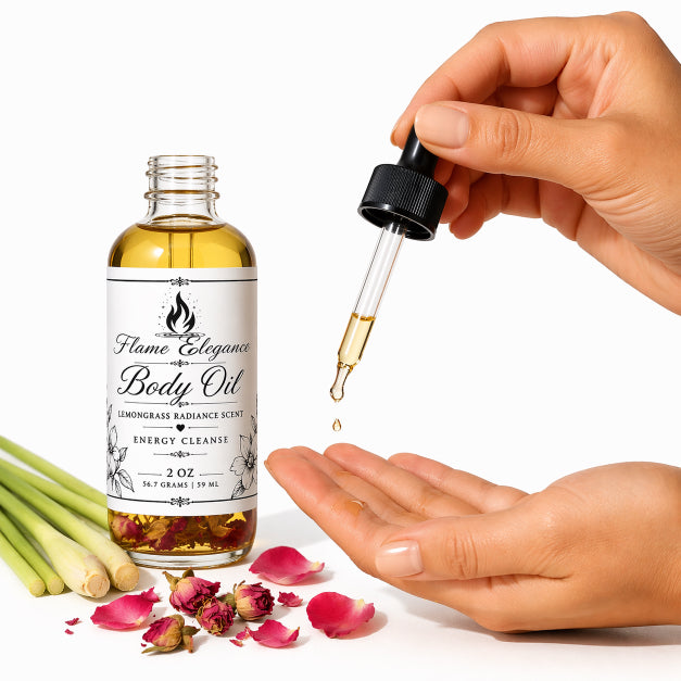 Body oil bottle with dropper, hand holding oil, and flowers on a white background