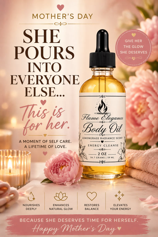 Body oil bottle with Mother's Day text and floral background