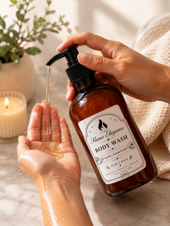 Hand holding a amber color pump bottle of sugar plum scent body wash labeled Flame Elegance' with soap being pumped onto a hand.