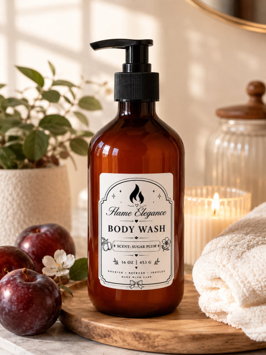 Amber color bottle of body wash with a label on a wooden tray, surrounded by fruits and towels by Flame Elegance