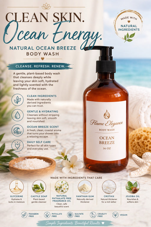 Clean Skin Natural Body Wash Ocean Breeze plant based by Flame Elegance 
