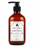 Amber color pump bottle of luxury sugar plum body wash by Flame Elegance with a label on a white background