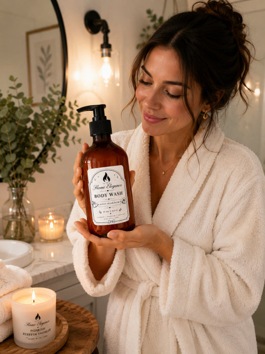 Woman in a white robe holding a bottle of sugar plum body wash by Flame Elegance in a bathroom setting with candles and plants.