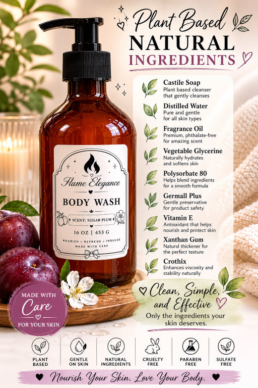 Flame Elegance body wash bottle with plant-based natural ingredients list and product details.